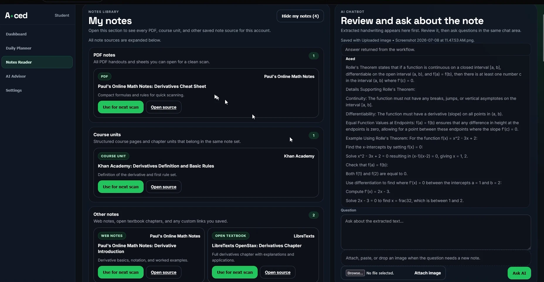 Aced: AI review grounded in a saved note