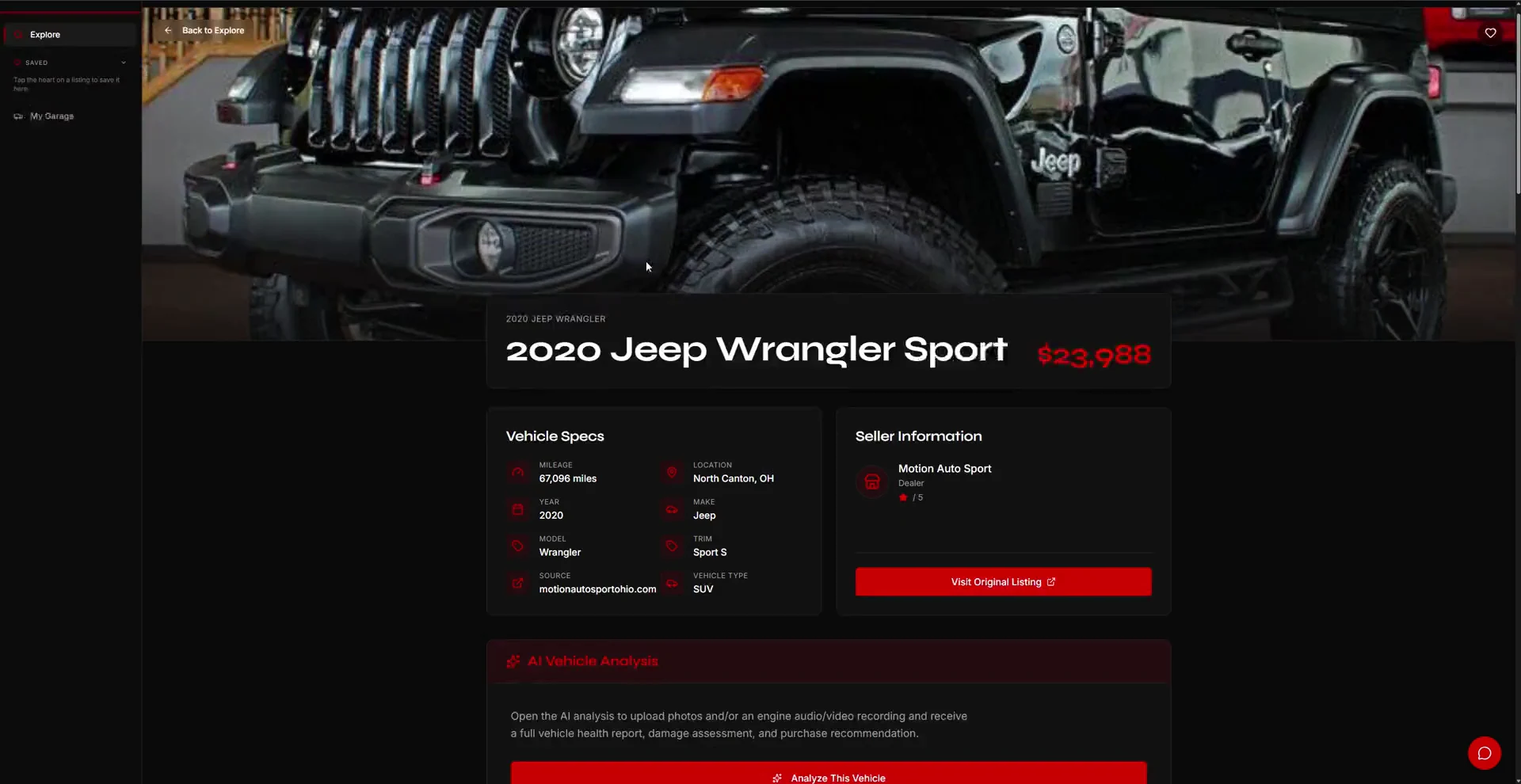 RevOS: Vehicle listing with specifications and seller details