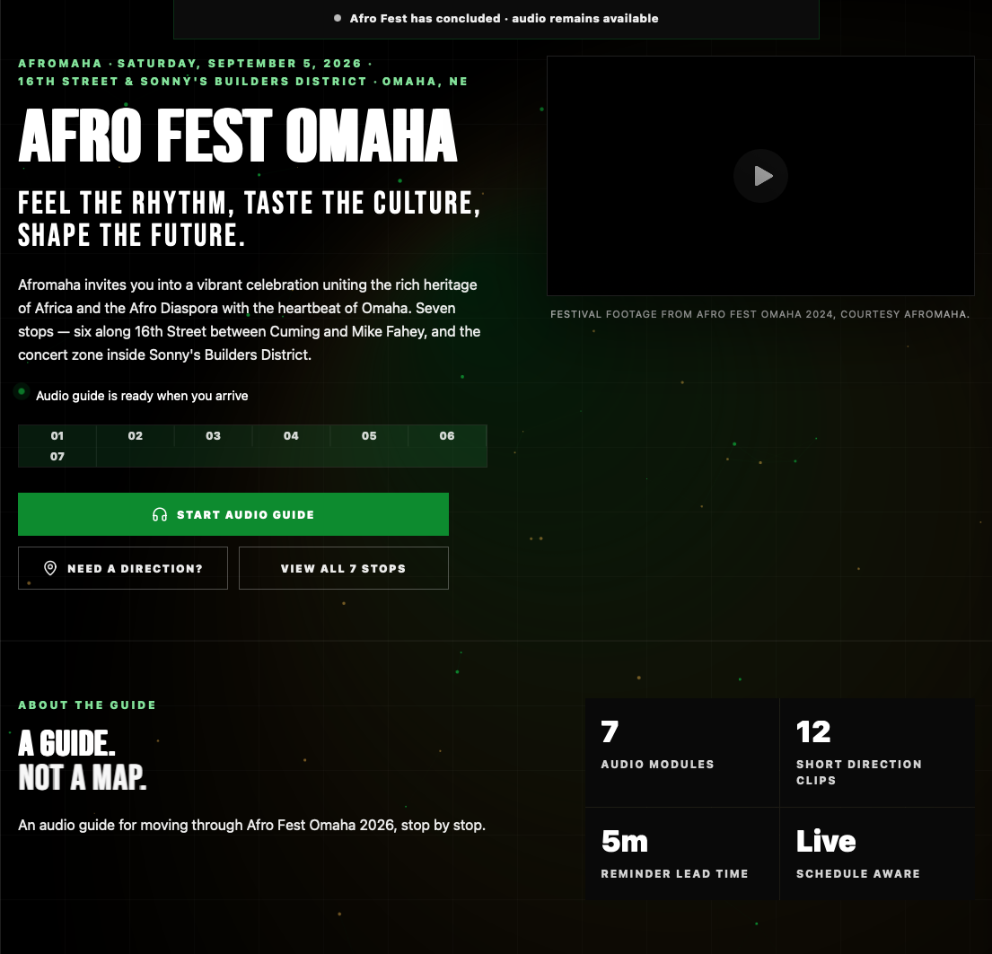 Screenshot of the Afro Fest Omaha companion mobile portal showing the seven-stop audio guide and walking tour.