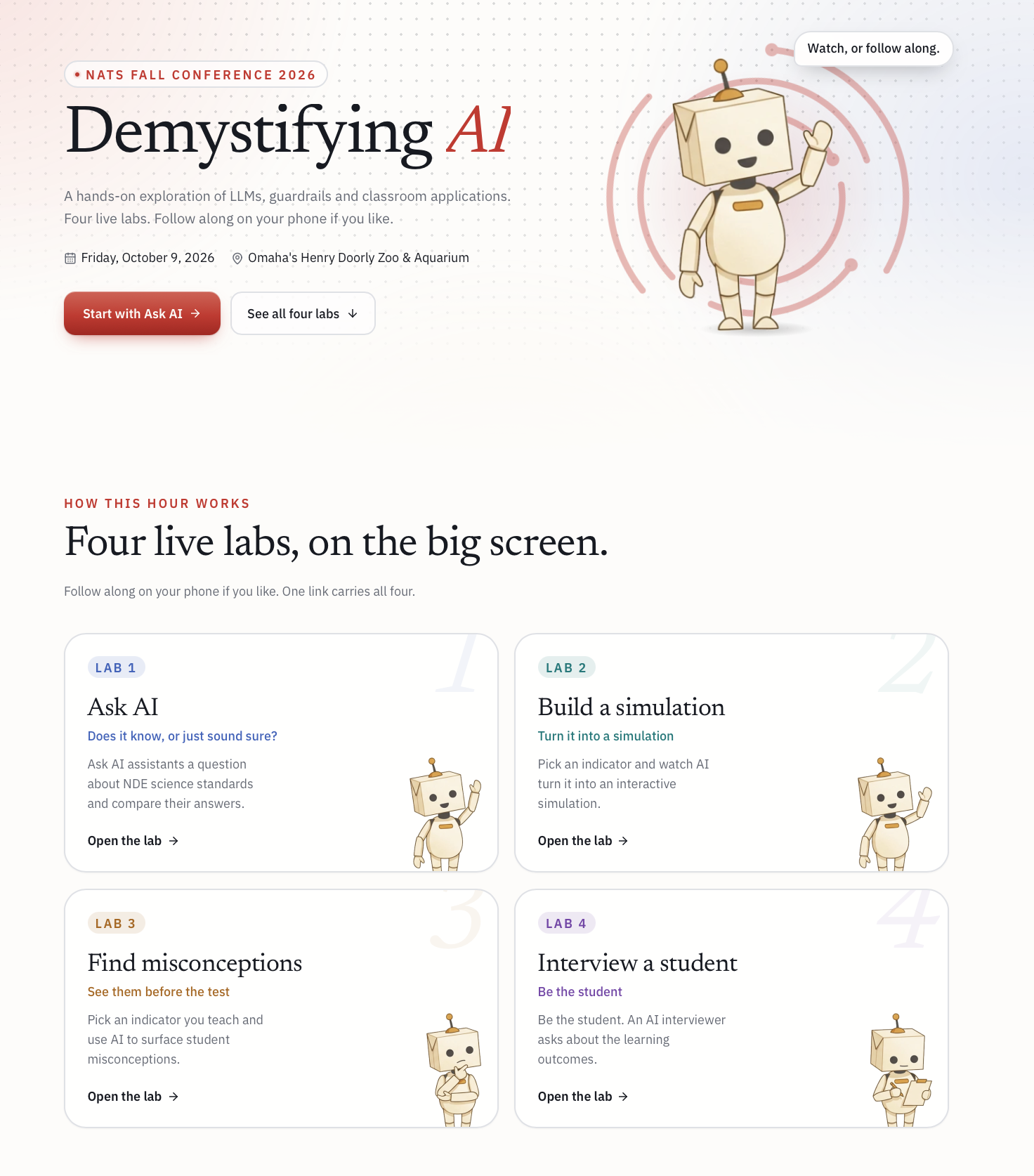 Screenshot of the “Demystifying AI” NATS 2026 webpage showing four live AI labs: Ask AI, Build a simulation, Find misconceptions, and Interview a student.