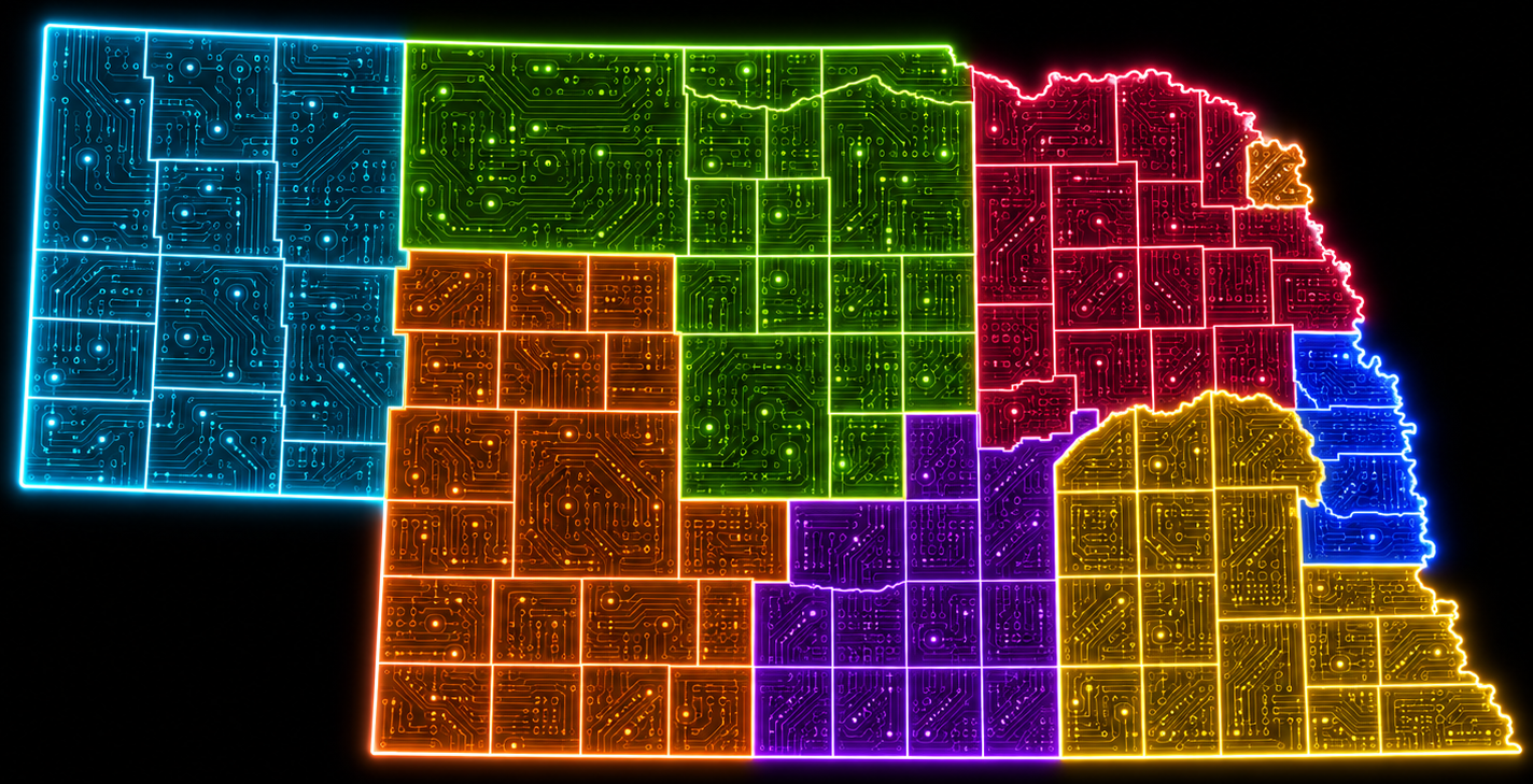 Stylized map of Nebraska showing the state's eight economic development districts as color-coded circuit-board regions.